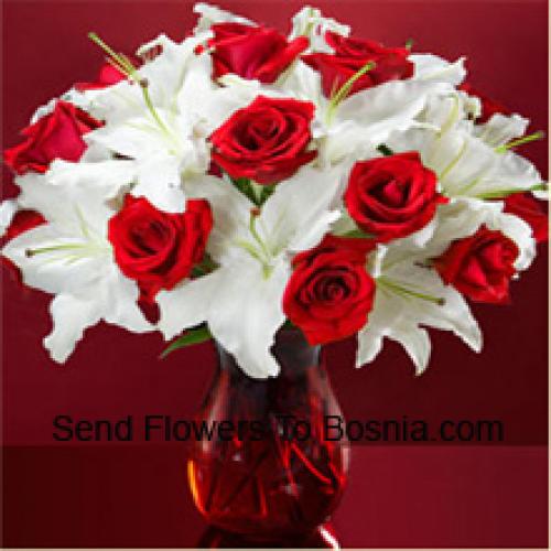 Pretty Red Roses and White lilies