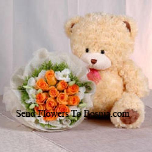 12 Orange Roses with Cute Teddy Bear