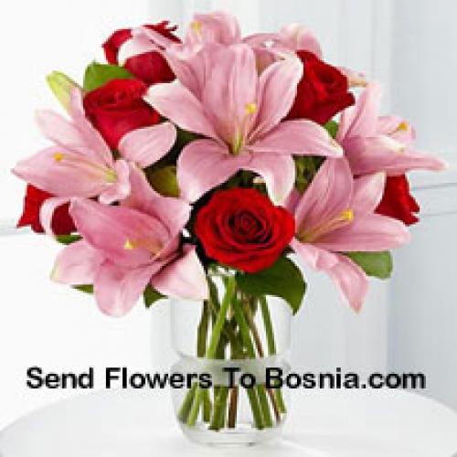 Pink Lilies and Cute Red Roses