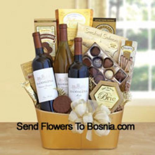 Basket Containing 3 Wines and Snacks